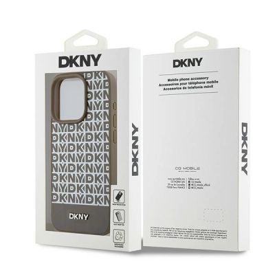 8. DKNY MagSafe-Hülle aus Leder mit bedrucktem Muster und Metalllogo für iPhone 15 Pro, Braun