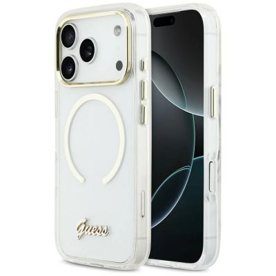 Guess IML Script Metal MagSafe Hülle für iPhone 17 Pro – Transparent
