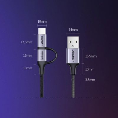 13. Ugreen Kabel 2in1 USB - Micro USB / USB Type C Kabel 1m 2.4A schwarz (30875)