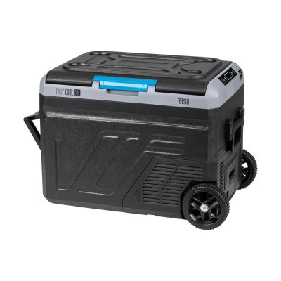 Professioneller TEESA Kompressor-Reisekühlschrank mit Gefrierfunktion, 50 l, 12/24 V DC, 230 V AC, große Räder und stabiler Griff, Bluetooth, optionaler Akkubetrieb