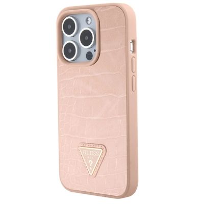 2. Guess Croco Triangle Metal Logo Hülle für iPhone 15 Pro – Rosa
