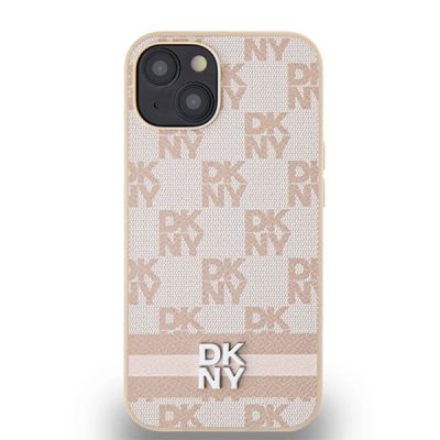 3. DKNY Lederhülle mit kariertem Monomuster und bedruckten Streifen für iPhone 15 / 14 / 13 – Rosa
