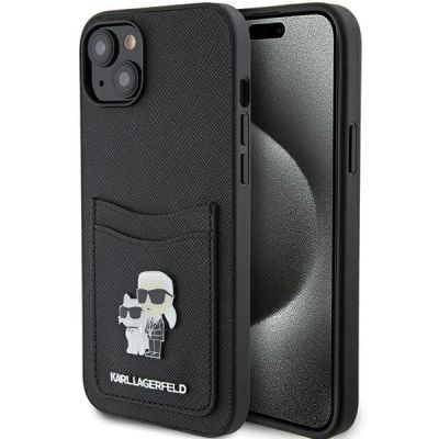 Karl Lagerfeld Saffiano Cardslot Karl&Choupette Metal Pin Hülle für iPhone 15 – Schwarz