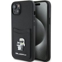 Karl Lagerfeld Saffiano Cardslot Karl&Choupette Metal Pin Hülle für iPhone 15 – Schwarz