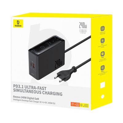 7. Baseus Digital GaN 3xUSB-C 1xUSB-A 240W Wandladegerät mit Netzkabel – Schwarz