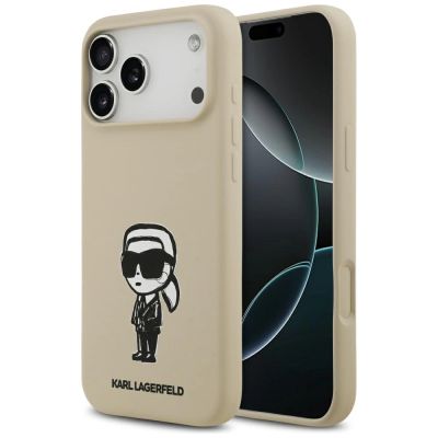 Karl Lagerfeld Silikonhülle mit Karl-Skizze und Logo (MagSafe) für iPhone 17 Pro Max – Braun