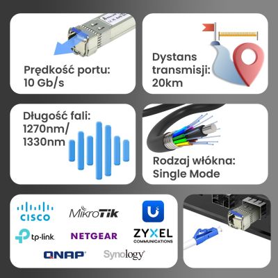 8. Extralink SFP+ WDM SFP+ 10G 10Gbps 1270/1330nm Modul, Singlemode, 20km, LC, DOM, Paar