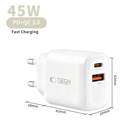 7. Tech-Protect NCA45W-GAN 2-Port 45W Wandladegerät mit USB-C-Kabel – Weiß