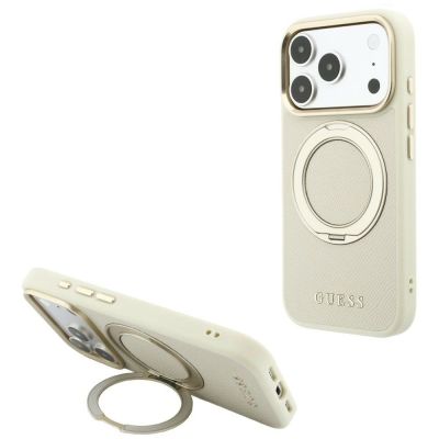 Guess Ring Stand 360 Grained Classic Logo MagSafe Hülle für iPhone 18 Pro Max / 17 Pro Max - beige