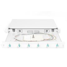 FO-Patchpanel mit Geräten, 19 Zoll, 1 HE, 6x LC DX, OM3, Anschlusskabel, Adapter, Einschubfächer, verschiebbar, grau