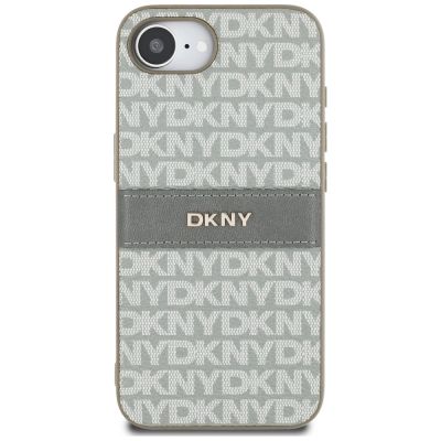 3. DKNY iPhone 16e Hülle mit wiederholtem Texturmuster und farblich abgestimmten Streifen – Beige