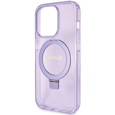 6. Guess Ring Stand Script Glitter MagSafe Hülle für iPhone 15 Pro – Lila