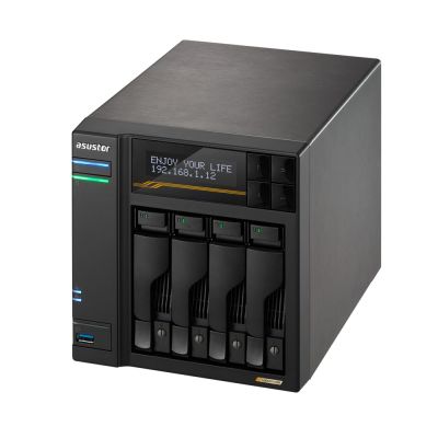 10. NAS Asustor AS6804T; Tower; 4x (3,5" SATA HDD/ 2,5" SSD); AMD Ryzen Embedded V3C14; 16 GB ECC DDR5 SODIMM (max. 64 GB), 2x 10GbE, 2x 5GbE, 4x M.2 2280 NVMe PCIe 4.0, 2x USB 4.0, 2x USB 3.2 Gen, 1x optionale 10GbE-Karte