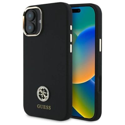 Guess Silikon Logo Strass 4G Hülle für iPhone 16 – Schwarz