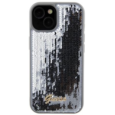3. Guess Pailletten-Schriftzug-Metallgehäuse für iPhone 15 – Silber