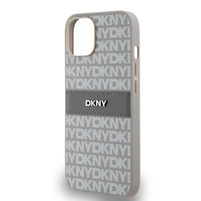 6. DKNY Lederhülle mit Monostreifen und Metalllogo für iPhone 15 / 14 / 13 – Beige