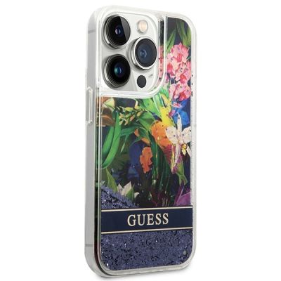 4. Guess GUHCP14LLFLSB iPhone 14 Pro 6.1 "blau / blaues Hardcase Flower Liquid Glitter