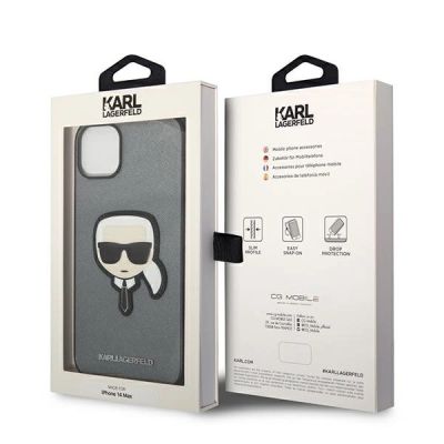 8. Karl Lagerfeld Saffiano Karl's Head Patch Hülle für iPhone 14 - Silber