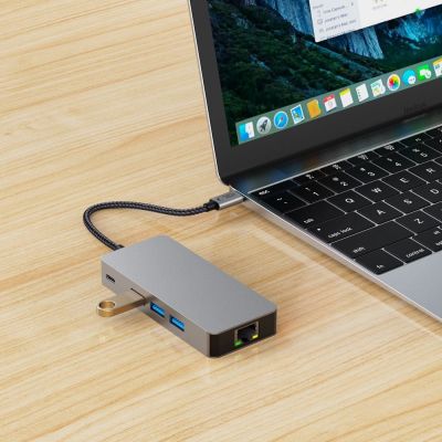 7. Tech-Protect HB05 HUB 9in1 Adapter USB-C + USB2.0 + USB3.0 + HDMI 4K 60HZ + SD / TF + PD100W + RJ45 - Grau