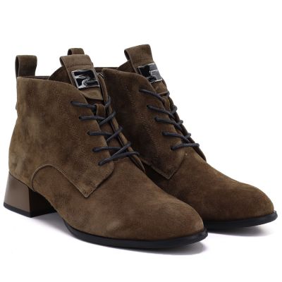 4. Damen-Ankle-Boots aus Leder mit Absatz, kamelfarbenes Veloursleder, Vinceza FIO27-67036