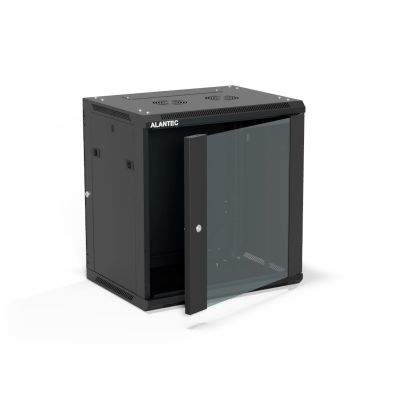 19" 12U 600x450 Wandschrank (optional zweiteilig), einflügelige Glastür, abnehmbare Rückwand und Seitenwände, abschließbar, 4 Träger, schwarz, zur Selbstmontage – Flatpack, ALANTEC