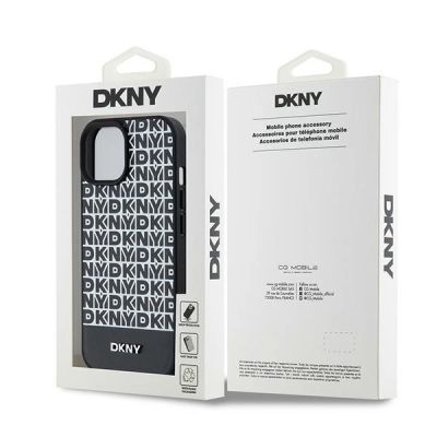 8. DKNY MagSafe Lederhülle mit bedrucktem Muster und Metalllogo für iPhone 15/14/13 – Schwarz