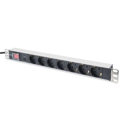 Digitus PDU 19" Rackmount-Steckdosenleiste, 7 Schuko-Steckdosen, 2,0 m, 1 Unischuko-Stecker, 16 A, Ein/Aus-Schalter, Überlastschutz, Aluminiumprofil