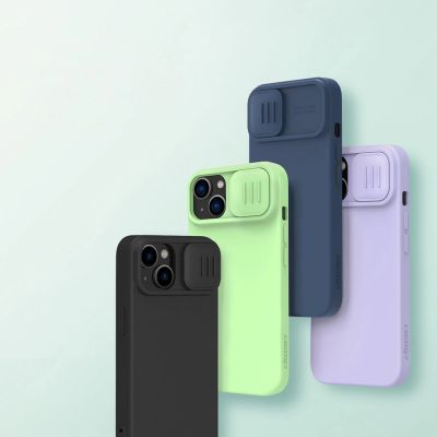 8. Nillkin CamShield Magnetische Silikonhülle iPhone 14 Plus Magnetische MagSafe-Abdeckung mit Kameraschutz Blau