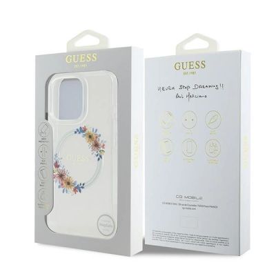 8. Guess IML Flowers Wreath MagSafe Case für iPhone 16 Pro - Transparent