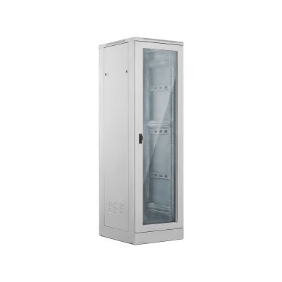 42HE-Schrank (800 x 800 mm), Glastür vorne, massive Metalltür hinten, abschließbar, 4 tragende Träger, Sockel inklusive, zur Selbstmontage, grau, ALANTEC