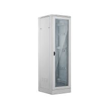 42HE-Schrank (800 x 800 mm), Glastür vorne, massive Metalltür hinten, abschließbar, 4 tragende Träger, Sockel inklusive, zur Selbstmontage, grau, ALANTEC