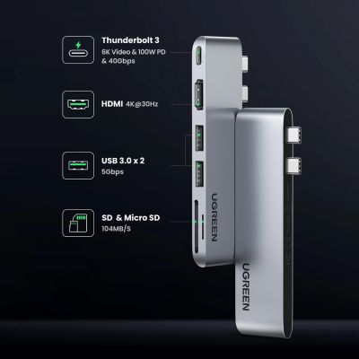 6. HUB Ugreen CM380 2xUSB C - HDMI/2xUSB 3.0/SD TF/USB C PD - Grau
