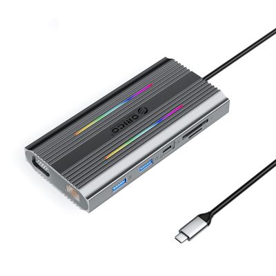 Orico XCR 12-in-1 RGB USB-C Dockingstation mit 3x USB-A, USB-C PD, 100W HDMI, 4K VGA, RJ45 Gigabit-SD- und microSD-Kartenleser – Grau