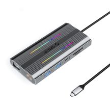 Orico XCR 12-in-1 RGB USB-C Dockingstation mit 3x USB-A, USB-C PD, 100W HDMI, 4K VGA, RJ45 Gigabit-SD- und microSD-Kartenleser – Grau