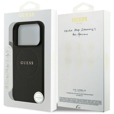 8. Guess MagSafe Hülle mit genarbtem Goldring für iPhone 18 Pro / 17 Pro – Schwarz
