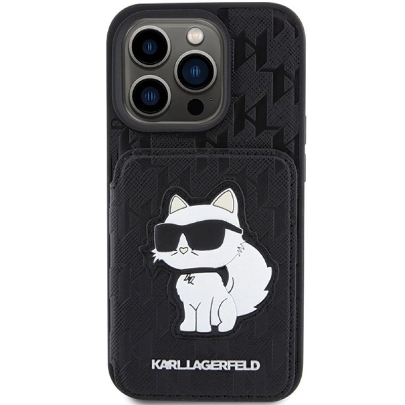 3. Karl Lagerfeld Saffiano Kartenfächer und Ständer Monogram Choupette Hülle für iPhone 15 Pro Max – Schwarz