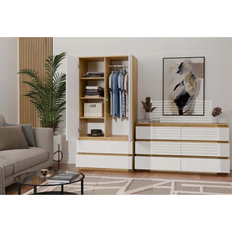 7. M6 MALWA Kommode 120 cm 6 Schubladen Kunst/Weiß Set