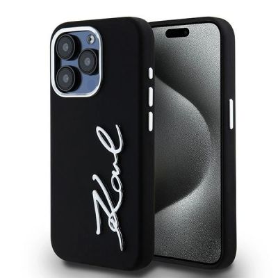 Karl Lagerfeld Silikon-Metall-Logo-Hülle für iPhone 15 Pro – Schwarz