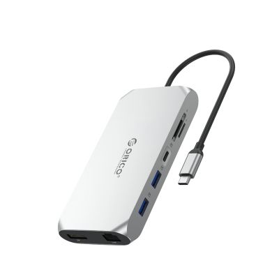 Orico XCR 12-in-1 USB-C Dockingstation: 2x USB-A 3.1, 1x USB-A 2.0, 1x USB-C PD 100W, 1x USB-C 3.1, 2x HDMI 2.0 4K 60 Hz, 1x DisplayPort 1.4 4K 60 Hz, 1x SD 3.0, 1x microSD 3.0, 1x RJ45 Gigabit Ethernet, 1x Audio, CTIA 3,5 mm – silber