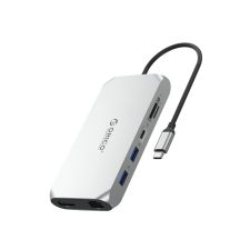 Orico XCR 12-in-1 USB-C Dockingstation: 2x USB-A 3.1, 1x USB-A 2.0, 1x USB-C PD 100W, 1x USB-C 3.1, 2x HDMI 2.0 4K 60 Hz, 1x DisplayPort 1.4 4K 60 Hz, 1x SD 3.0, 1x microSD 3.0, 1x RJ45 Gigabit Ethernet, 1x Audio, CTIA 3,5 mm – silber