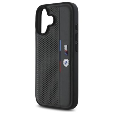 6. BMW M Perforiertes Tricolor-Detaillinien-Design iPhone 16 Hülle – Dunkelgrau