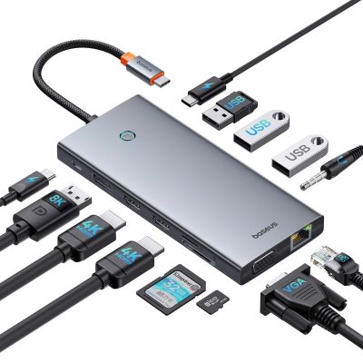 4. HUB Baseus PortalJoy Series 13in1 USB-C – 2x HDMI / DP / VGA / USB-A 3.1 / USB-C 3.1 / USB-A 2.0 / PD / RJ45 / SD / TF / AUX – grau