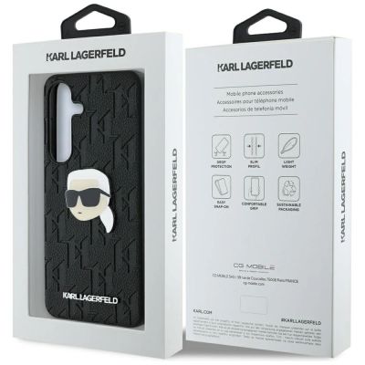 8. Karl Lagerfeld Leder Monogram Pin Logo Karl Head Samsung Galaxy S25 Hülle schwarz