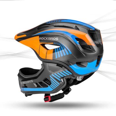5. Rockbros TT-32SOBL-M Kinderfahrradhelm mit abnehmbarem Kinnbügel, Größe M – Schwarz und Orange