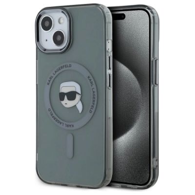 Karl Lagerfeld KLHMP15SHLSKIK iPhone 15 6,1" schwarz/schwarzes Hardcase IML Metal Karl Head MagSafe