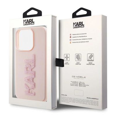 8. Karl Lagerfeld 3D-Gummi-Glitzer-Logo-Hülle für iPhone 15 Pro Max – Rosa