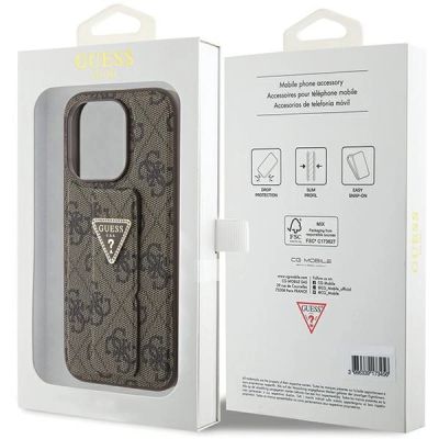 9. Guess Grip Stand 4G Triangle Strass Hülle für iPhone 15 Pro – braun