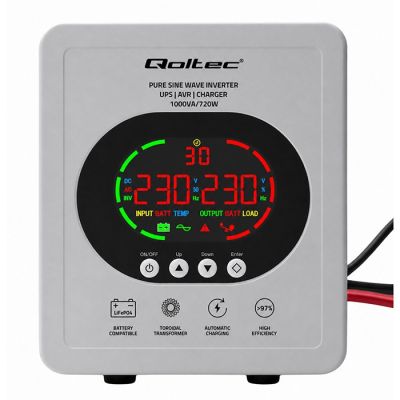 8. USV Qoltec 50451 Sinus-Wechselrichter 1000 VA/720 W 12/230 V mit AVR | LCD | LiFePO4 AGM-Gel-Akku