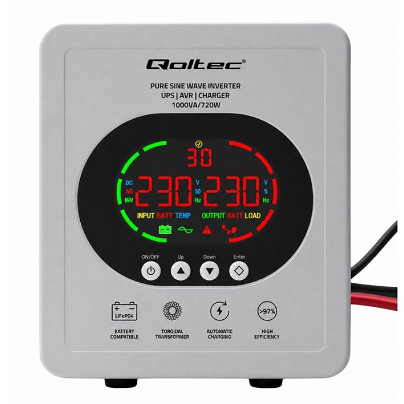 8. USV Qoltec 50451 Sinus-Wechselrichter 1000 VA/720 W 12/230 V mit AVR | LCD | LiFePO4 AGM-Gel-Akku