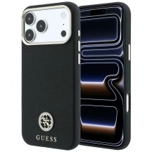 Guess MagSafe Hülle mit genarbtem, rundem Strass-Logo für iPhone 18 Pro / 17 Pro – Schwarz